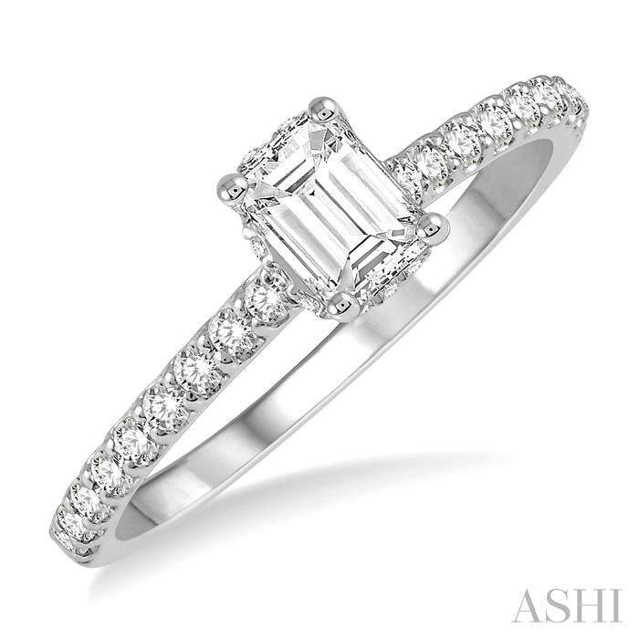 1/2 Ctw Round Cut Diamond Ladies Engagement Ring With 1/4 Ct Emerald Cut Center Stone in 14K White Gold