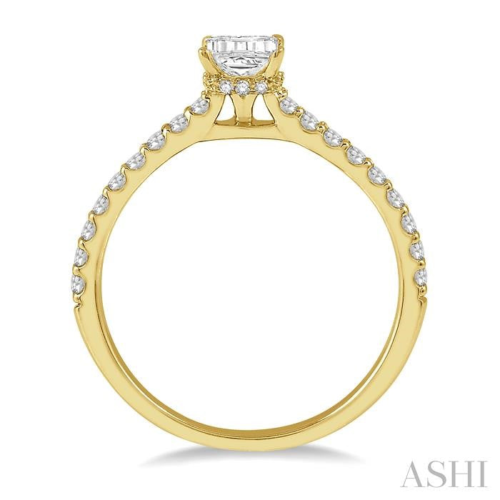 1/5 Ctw Emerald Shape Round Cut Diamond Semi-Mount Engagement Ring in 14K Yellow Gold