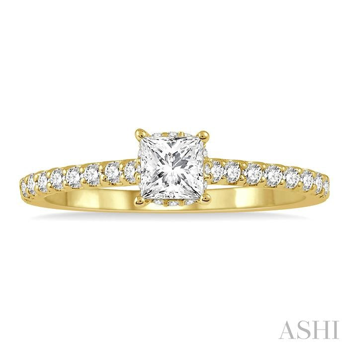 1/5 Ctw Princess Shape Round Cut Diamond Semi-Mount Engagement Ring in 14K Yellow Gold