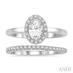 3/4 Ctw Round Cut Diamond Wedding Set With 5/8 Ct Oval Cut Engagement Ring and 1/6 Ct Round Cut Diamond Wedding Band in 14K White Gold
