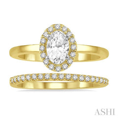 3/4 Ctw Round Cut Diamond Wedding Set With 5/8 Ct Oval Cut Engagement Ring and 1/6 Ct Round Cut Diamond Wedding Band in 14K Yellow and White Gold