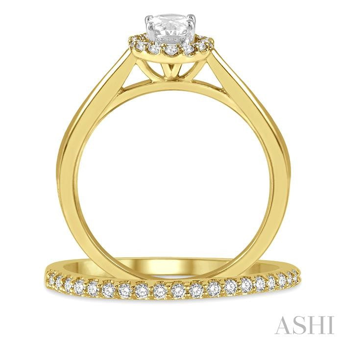 3/4 Ctw Round Cut Diamond Wedding Set With 5/8 Ct Oval Cut Engagement Ring and 1/6 Ct Round Cut Diamond Wedding Band in 14K Yellow and White Gold