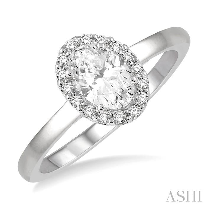 1/10 Ctw Oval Shape Center Round Cut Diamond Halo Semi-Mount Engagement Ring in 14K White Gold