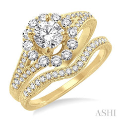 1 1/6 Ctw Diamond Wedding Set with 1 Ctw Round Cut Engagement Ring and 1/6 Ctw Wedding Band in 14K Yellow Gold