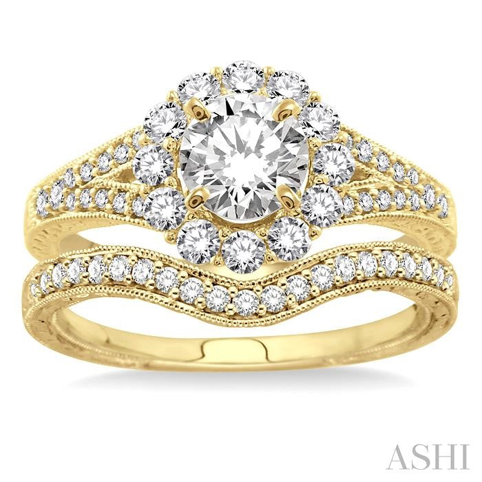 1 1/6 Ctw Diamond Wedding Set with 1 Ctw Round Cut Engagement Ring and 1/6 Ctw Wedding Band in 14K Yellow Gold