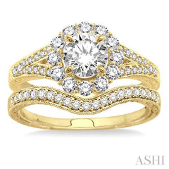 1 1/6 Ctw Diamond Wedding Set with 1 Ctw Round Cut Engagement Ring and 1/6 Ctw Wedding Band in 14K Yellow Gold