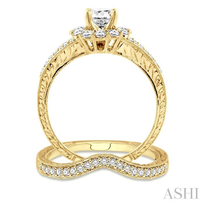 1 1/6 Ctw Diamond Wedding Set with 1 Ctw Round Cut Engagement Ring and 1/6 Ctw Wedding Band in 14K Yellow Gold