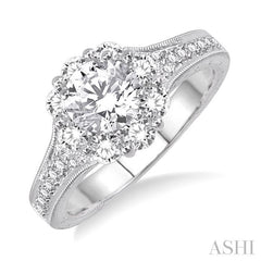 1 Ctw Diamond Flower Engagement Ring with 1/3 Ct Round Cut Center Stone in 14K White Gold