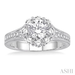 1 Ctw Diamond Flower Engagement Ring with 1/3 Ct Round Cut Center Stone in 14K White Gold