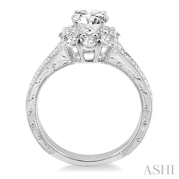 1 Ctw Diamond Flower Engagement Ring with 1/3 Ct Round Cut Center Stone in 14K White Gold