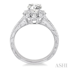 1 Ctw Diamond Flower Engagement Ring with 1/3 Ct Round Cut Center Stone in 14K White Gold