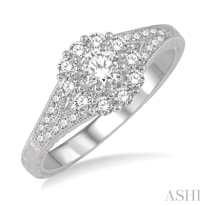 5/8 Ctw Diamond Engagement Ring with 1/4 Ct Round Cut Center Stone in 14K White Gold