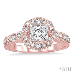 1 1/10 Ctw Diamond Engagement Ring with 5/8 Ct Princess Cut Center Stone in 14K Rose Gold