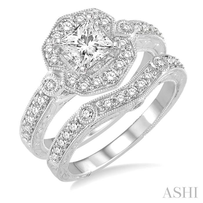 1 1/3 Ctw Diamond Wedding Set with 1 1/10 Ctw Princess Cut Engagement Ring and 1/4 Ctw Wedding Band in 14K White Gold