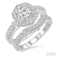 1 1/3 Ctw Diamond Wedding Set with 1 1/10 Ctw Princess Cut Engagement Ring and 1/4 Ctw Wedding Band in 14K White Gold
