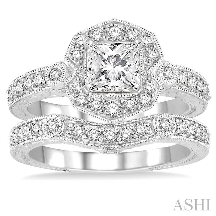 1 1/3 Ctw Diamond Wedding Set with 1 1/10 Ctw Princess Cut Engagement Ring and 1/4 Ctw Wedding Band in 14K White Gold