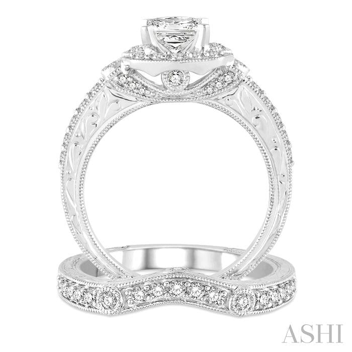 1 1/3 Ctw Diamond Wedding Set with 1 1/10 Ctw Princess Cut Engagement Ring and 1/4 Ctw Wedding Band in 14K White Gold