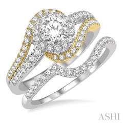 1 1/6 Ctw Diamond Wedding Set With 1 Ct Swirl Round Diamond Two Tone Engagement Ring and 1/6 Ct Wedding Band in 14K White and Yellow Gold