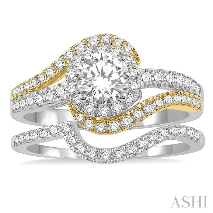 1 1/6 Ctw Diamond Wedding Set With 1 Ct Swirl Round Diamond Two Tone Engagement Ring and 1/6 Ct Wedding Band in 14K White and Yellow Gold