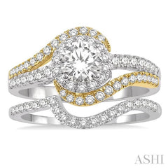 1 1/6 Ctw Diamond Wedding Set With 1 Ct Swirl Round Diamond Two Tone Engagement Ring and 1/6 Ct Wedding Band in 14K White and Yellow Gold