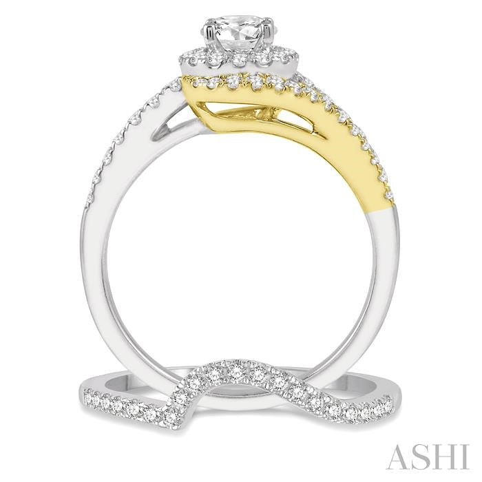 1 1/6 Ctw Diamond Wedding Set With 1 Ct Swirl Round Diamond Two Tone Engagement Ring and 1/6 Ct Wedding Band in 14K White and Yellow Gold