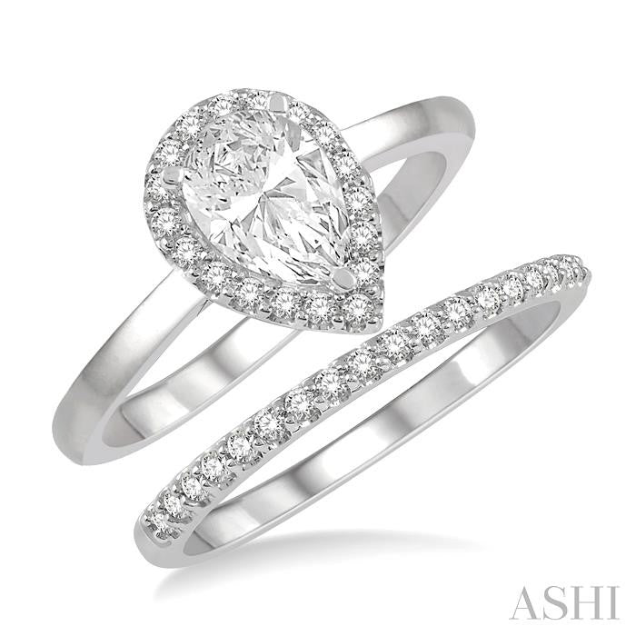 3/4 Ctw Round Cut Diamond Wedding Set With 5/8 Ct Pear Cut Engagement Ring and 1/6 Ct Wedding Band in 14K White Gold