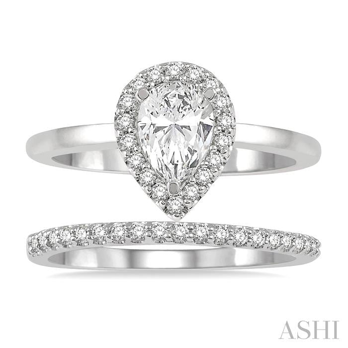 3/4 Ctw Round Cut Diamond Wedding Set With 5/8 Ct Pear Cut Engagement Ring and 1/6 Ct Wedding Band in 14K White Gold