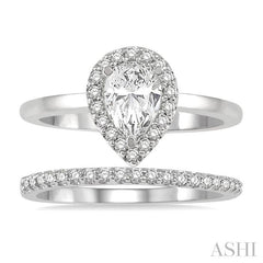 3/8 Ctw Round Cut Diamond Wedding Set With 1/3 Ct Halo 1/4 Ct Pear Cut Center Stone Engagement Ring and 1/10 Ct Wedding Band in 14K White Gold