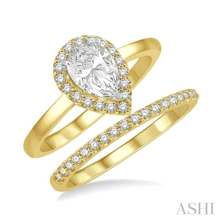 3/8 Ctw Round Cut Diamond Wedding Set With 1/3 Ct Pear Cut Engagement Ring and 1/10 Ct Wedding Band in 14K Yellow and White Gold