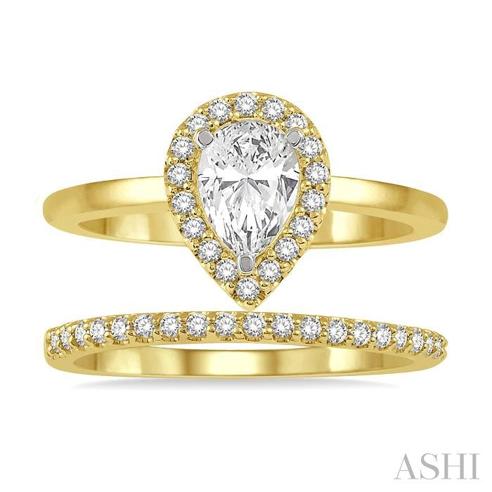 3/8 Ctw Round Cut Diamond Wedding Set With 1/3 Ct Pear Cut Engagement Ring and 1/10 Ct Wedding Band in 14K Yellow and White Gold