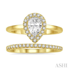 3/8 Ctw Round Cut Diamond Wedding Set With 1/3 Ct Pear Cut Engagement Ring and 1/10 Ct Wedding Band in 14K Yellow and White Gold