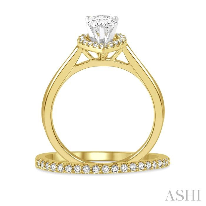 3/8 Ctw Round Cut Diamond Wedding Set With 1/3 Ct Pear Cut Engagement Ring and 1/10 Ct Wedding Band in 14K Yellow and White Gold