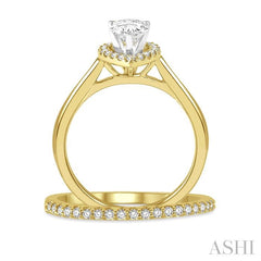 3/8 Ctw Round Cut Diamond Wedding Set With 1/3 Ct Pear Cut Engagement Ring and 1/10 Ct Wedding Band in 14K Yellow and White Gold
