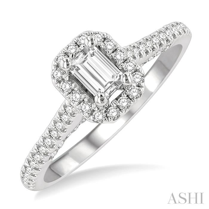 3/4 Ctw Octagonal Shape Halo Round & Emerald Cut Diamond Engagement Ring With 1/3 Ctw Emerald Cut Center Stone in 14K White Gold