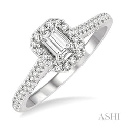3/4 Ctw Octagonal Shape Halo Round & Emerald Cut Diamond Engagement Ring With 1/3 Ctw Emerald Cut Center Stone in 14K White Gold