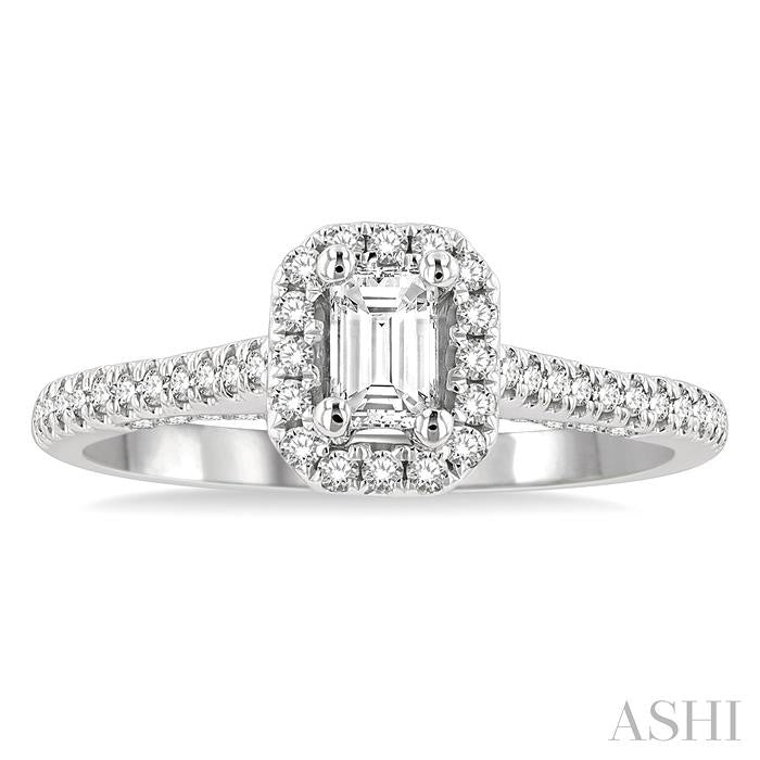 3/4 Ctw Octagonal Shape Halo Round & Emerald Cut Diamond Engagement Ring With 1/3 Ctw Emerald Cut Center Stone in 14K White Gold