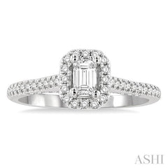 3/4 Ctw Octagonal Shape Halo Round & Emerald Cut Diamond Engagement Ring With 1/3 Ctw Emerald Cut Center Stone in 14K White Gold