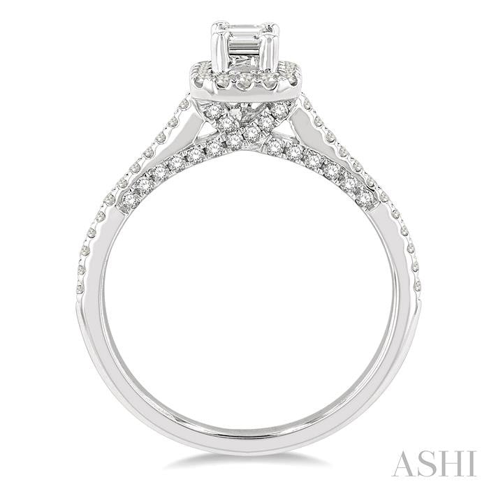 3/4 Ctw Octagonal Shape Halo Round & Emerald Cut Diamond Engagement Ring With 1/3 Ctw Emerald Cut Center Stone in 14K White Gold