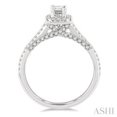 3/4 Ctw Octagonal Shape Halo Round & Emerald Cut Diamond Engagement Ring With 1/3 Ctw Emerald Cut Center Stone in 14K White Gold