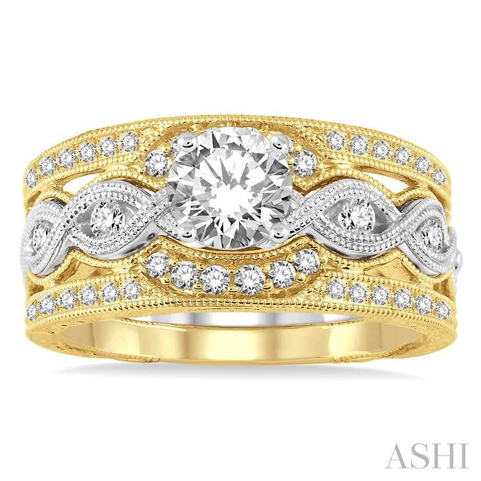 7/8 Ctw Diamond Wedding Set With 1/2 Ctw Round Center Entwined Engagement Ring and 3/8 Ctw Twin Wedding Band in 14K White and Yellow Gold