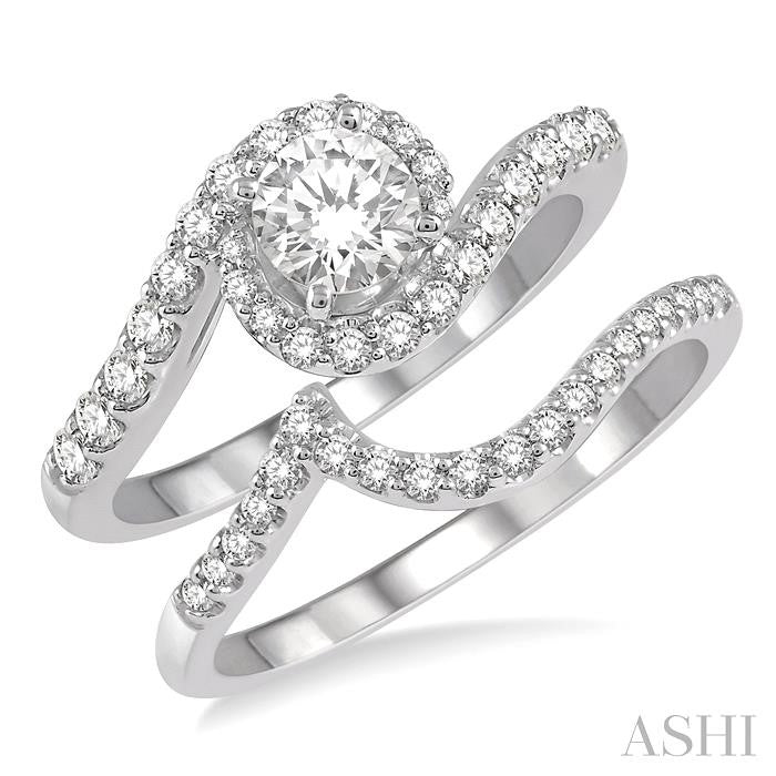 1 Ctw Diamond Wedding Set With 7/8 Ct Swirl Round Center Diamond Engagement Ring and 1/6 Ct Wedding Band in 14K White Gold