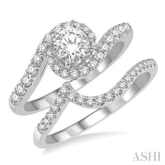 1 Ctw Diamond Wedding Set With 7/8 Ct Swirl Round Center Diamond Engagement Ring and 1/6 Ct Wedding Band in 14K White Gold