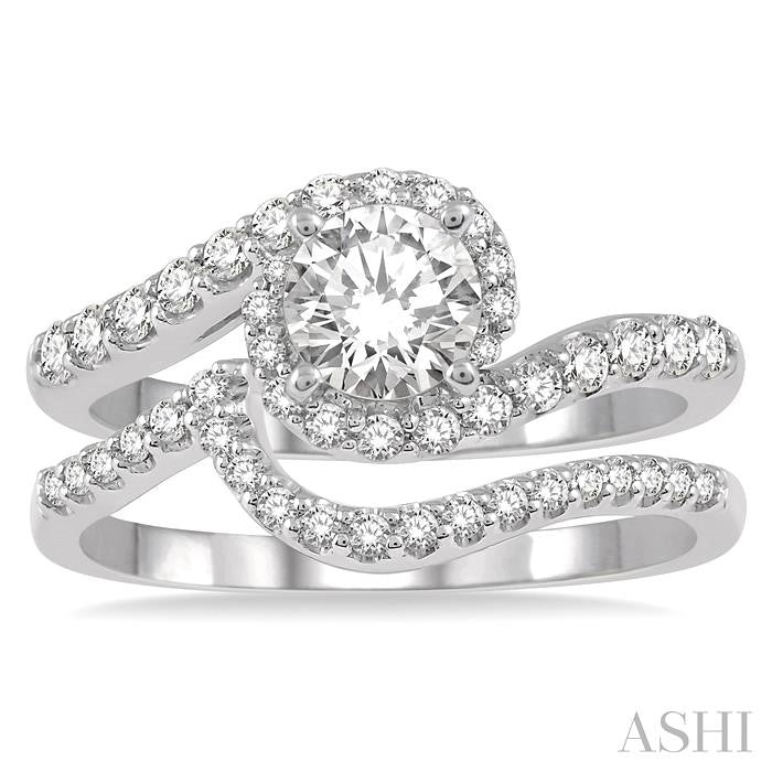 1 Ctw Diamond Wedding Set With 7/8 Ct Swirl Round Center Diamond Engagement Ring and 1/6 Ct Wedding Band in 14K White Gold