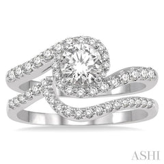 1 Ctw Diamond Wedding Set With 7/8 Ct Swirl Round Center Diamond Engagement Ring and 1/6 Ct Wedding Band in 14K White Gold