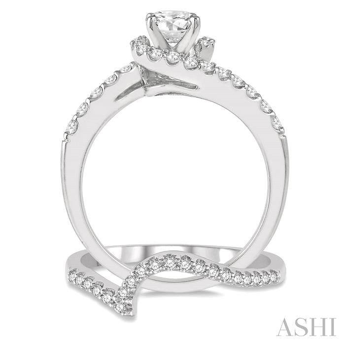 1 Ctw Diamond Wedding Set With 7/8 Ct Swirl Round Center Diamond Engagement Ring and 1/6 Ct Wedding Band in 14K White Gold