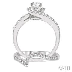 1 Ctw Diamond Wedding Set With 7/8 Ct Swirl Round Center Diamond Engagement Ring and 1/6 Ct Wedding Band in 14K White Gold