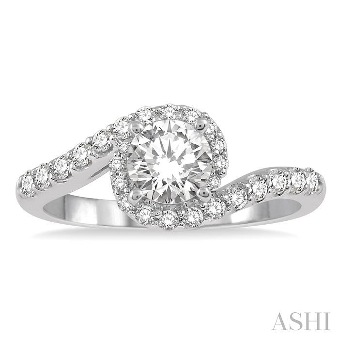 7/8 Ctw Swirl Round Center Diamond Ladies Engagement Ring with 1/2 Ct Round Cut Center Stone in 14K White Gold