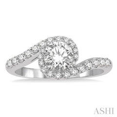 7/8 Ctw Swirl Round Center Diamond Ladies Engagement Ring with 1/2 Ct Round Cut Center Stone in 14K White Gold