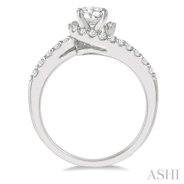 7/8 Ctw Swirl Round Center Diamond Ladies Engagement Ring with 1/2 Ct Round Cut Center Stone in 14K White Gold