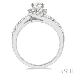 7/8 Ctw Swirl Round Center Diamond Ladies Engagement Ring with 1/2 Ct Round Cut Center Stone in 14K White Gold